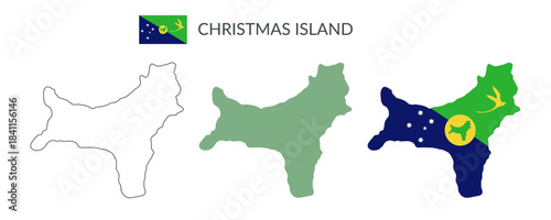 Christmas Island geographical borders isolated on white background. Flag of Christmas Island. Vector flat cliparts.