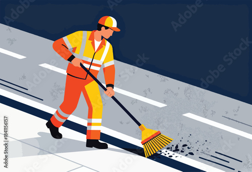 An illustrated street cleaner in hi-vis gear sweeping a road, dark background, simple vector style