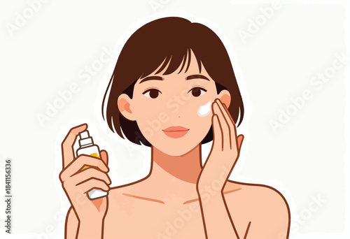 An illustration depicting a young woman applying skincare cream from a spray bottle to her cheek