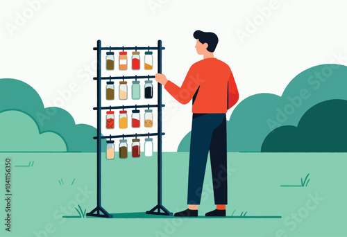 A person in a red shirt views jars of ingredients on a metal rack in a grassy, green outdoor setting
