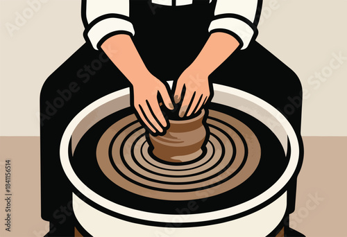 A person in a black apron shaping clay on a potter's wheel, hands molding the vessel