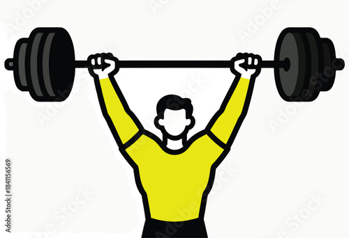 Vector image of a weightlifter with yellow shirt lifting a barbell overhead against white background