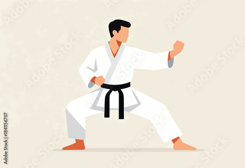 Illustration of a male karate practitioner in a white uniform, black belt, in a focused fighting stance