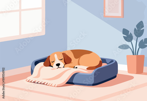 A sleeping brown and white dog rests on a bed with a blanket, beside a plant in a room with a window