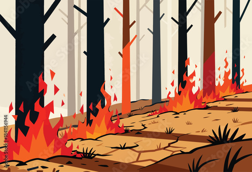 Stylized illustration depicts a forest fire consuming the landscape. Flames engulf the ground, trees stand against a hazy backdrop