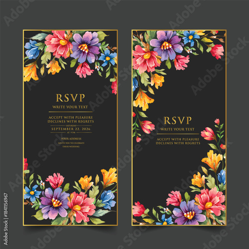 Elegant wedding invitation card background vector. Minimal hand draw botanical flowers and butterfly template background. Design illustration for wedding, vip cover, poster, rsvp modern card.

