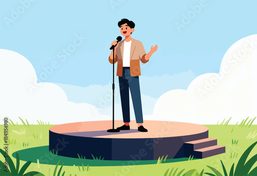 A person, on a stage holding a mic, with open arms, ready to speak. Background sky, grass, clouds