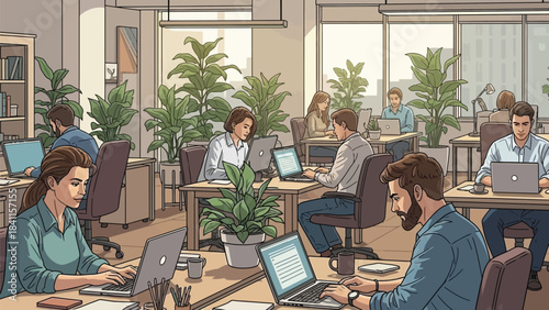 Diverse team of professionals working diligently on laptops in a bright modern office filled with lush greenery