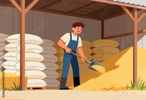 An illustrated farmer shovels grain in a barn, surrounded by sacks and a wooden structure