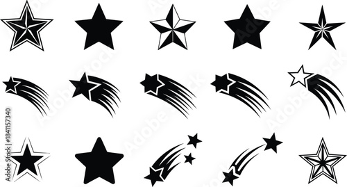 Collection of shooting star and static star icons in black and white, featuring various designs with trails and outlines, perfect for graphic design elements