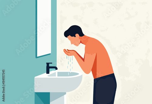 A person, semi-nude, is washing their face over a sink with a mirror. It is a minimalist illustration