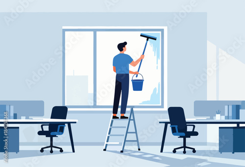 A man cleans a large office window with a squeegee while standing on a ladder. Office desks are visible
