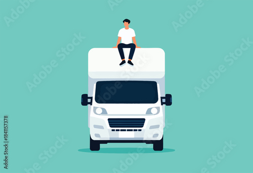A stylized illustration features a person seated atop a white van against a muted teal backdrop
