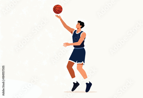 Vector illustration of a basketball player in action, mid-air with the ball, against a textured cream background