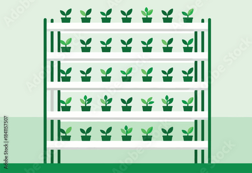 Illustration of a shelf unit filled with potted plants on multiple levels, in a minimalist style