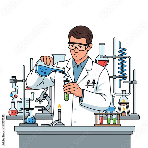 Illustration of a scientist in a lab coat pouring liquid from a beaker into a test tube in a laboratory setting with various scientific equipment.