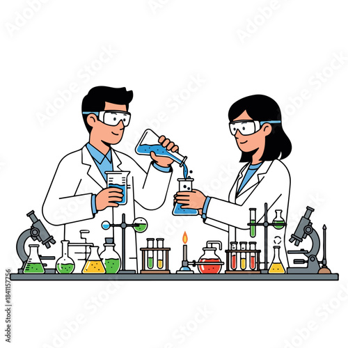 Two scientists in lab coats pouring liquids into beakers on a laboratory counter with various scientific equipment.
