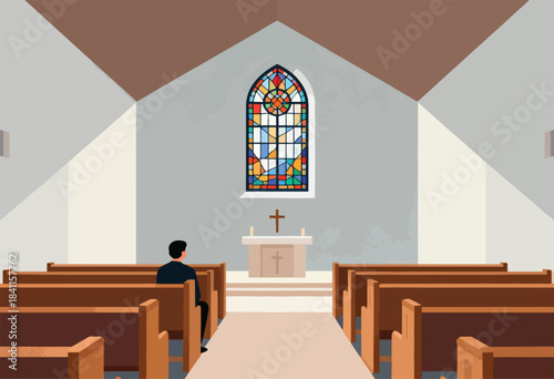 A person sits in an empty church facing an altar with a cross and a stained glass window