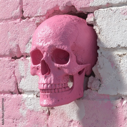 Pink skull breaks through white brick wall