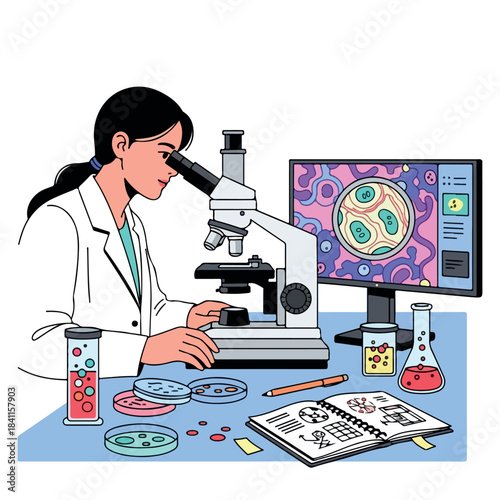 A female scientist in a white lab coat examining a sample under a microscope with various petri dishes and laboratory equipment on a blue workbench in a laboratory setting with a computer