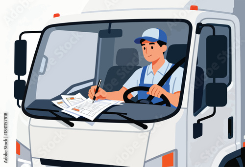 A cartoon driver in a delivery truck filling out paperwork. Papers are on the dash and driver is smiling