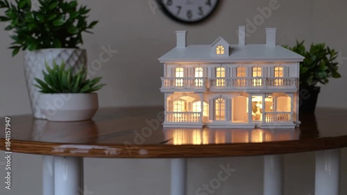 Detailed miniature house model illuminated with soft lights on wooden table in cozy indoor setting