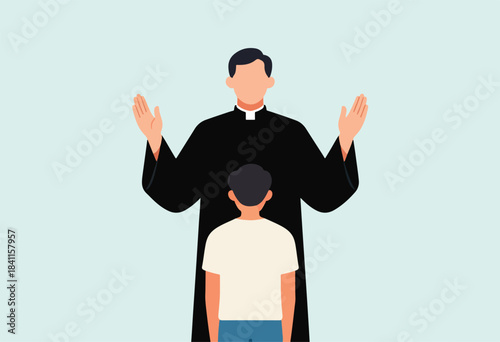 An illustration shows a priest with arms raised over the back of a person, symbolizing faith