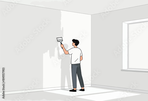 An illustration shows a person painting a wall with a brush indoors, the light casts a shadow