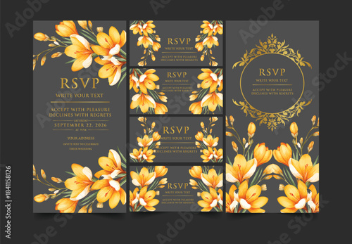 Elegant wedding invitation card background vector. Minimal hand draw botanical flowers and butterfly template background. Design illustration for wedding, vip cover, poster, rsvp modern card.

