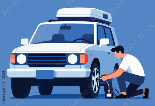 A stylized illustration features a white SUV with a roof storage box. A person inflates a tire