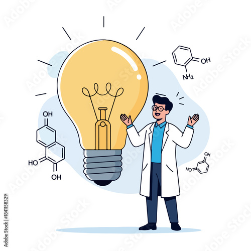 Illustration of a scientist in a lab coat standing next to a large lightbulb with chemical structures around it on a white background.