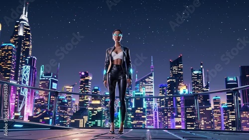 Futuristic city skyline at night featuring a confident woman in sleek attire with vibrant neon lights