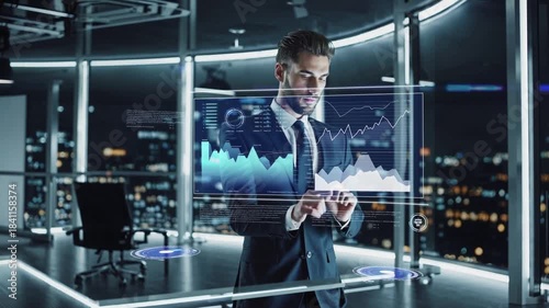 Business professional analyzes data in modern office with digital displays at night