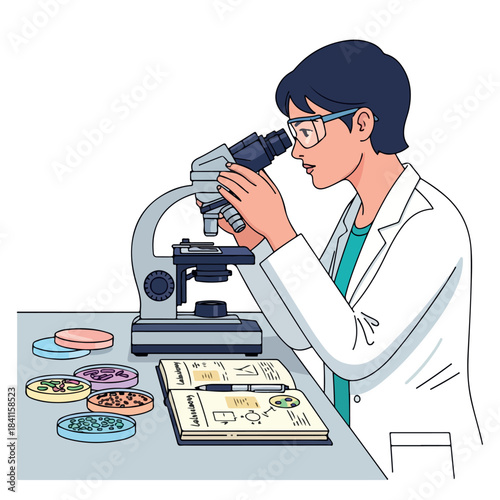 A scientist in a white lab coat examines a sample through a microscope at a desk with petri dishes and a notebook in a laboratory setting with a neutral mood.
