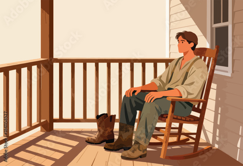 A man rests on a porch, cowboy boots beside him, a rocking chair. Golden sunlight and wooden textures fill the scene
