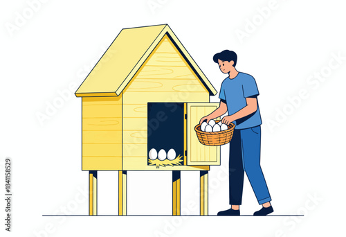 A person with a basket collecting eggs from a yellow chicken coop illustration