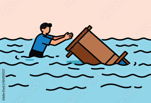 A person in water gestures towards a partially submerged table, conveying struggle and resilience