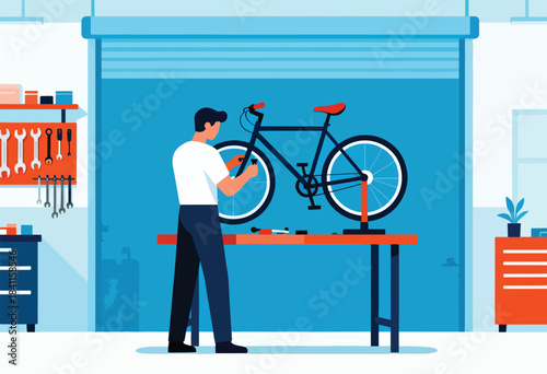 A person repairs a bike in a garage, tools and parts on a table, with a blue background