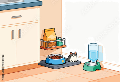 A cartoon kitchen scene features a cat, food, water, and food storage. Kitchen cabinets and tiled floor