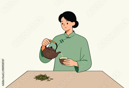 An illustration shows a person pouring tea. A person in a green outfit pours from a brown teapot into a cup