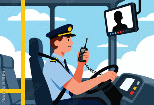 An illustrated bus driver, wearing a cap, talking on a radio with a screen showing a silhouette