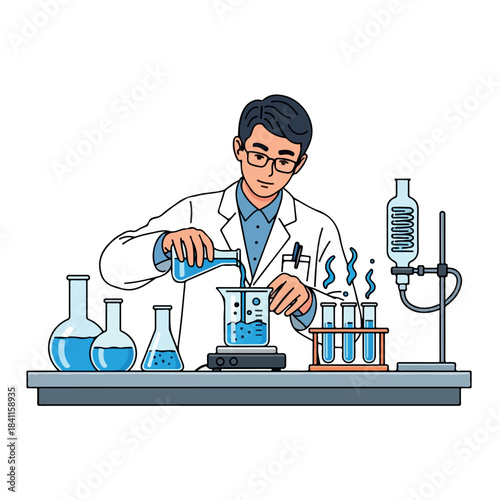 A scientist in a white lab coat pouring a blue liquid into a beaker on a laboratory counter with various glassware and equipment.