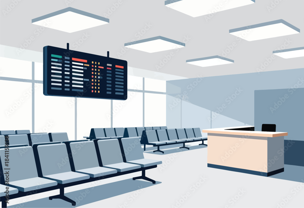 Fototapeta premium Stylized illustration of a modern airport terminal. Features rows of seats, a flight display, and a check-in desk