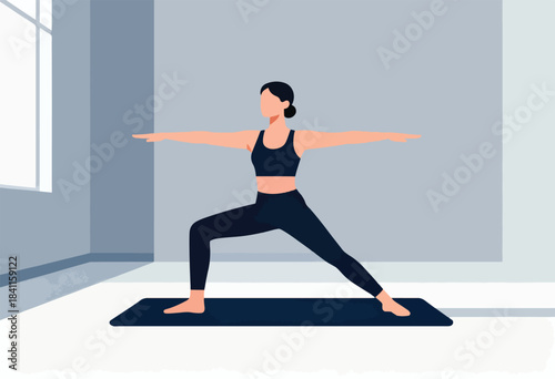 A vector illustration depicts a woman in a warrior yoga pose on a mat in a minimalist room with a window