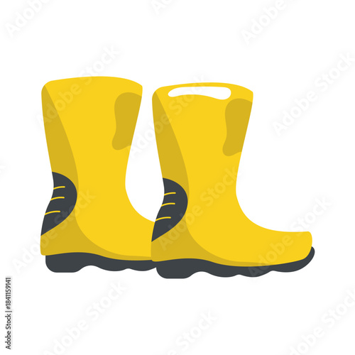 Pair of Bright Yellow Rain Boots with Dark Soles, Flat Design Illustration for Wet Weather Protection and Outdoor Activities