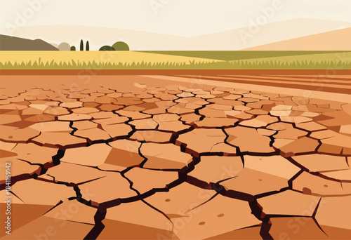 A geometric illustration depicts cracked earth in the foreground. Fields, trees and rolling hills sit in the background