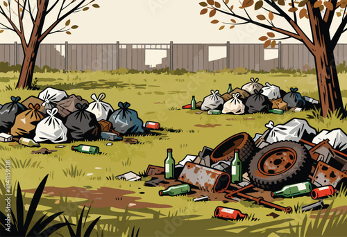 A cartoon depiction of a littered wasteland, filled with trash bags, bottles, and a rusted tire