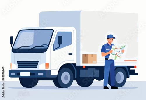 Illustration of delivery person in blue uniform next to a white truck with a cargo box, looking at a map