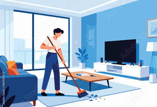 A person in a modern living room sweeping debris with a broom, TV, couch, and a large window
