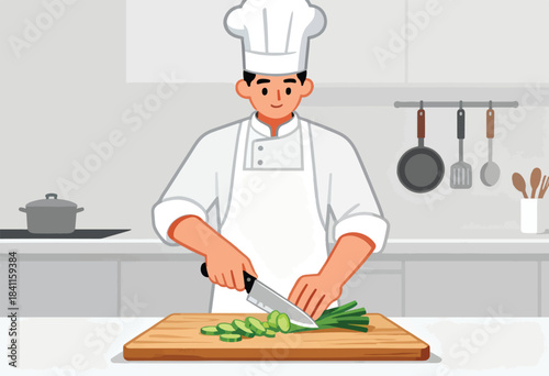Cartoon chef in a kitchen, chopping vegetables on a wooden board. Kitchen tools and pots are visible